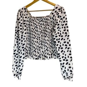 Lark & Gray XL Smocked Long Sleeve Blouse White Black Spotted Polka Dot Square
